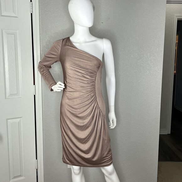 JILL STUART Womens Size 4 One Shoulder Cocktail Sheath Dress Beige Shimmer - Picture 2 of 7